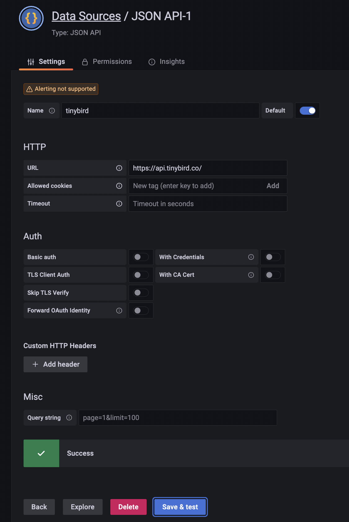 JSON API Data Source with https://api.tinybird.co/ in the HTTP URL