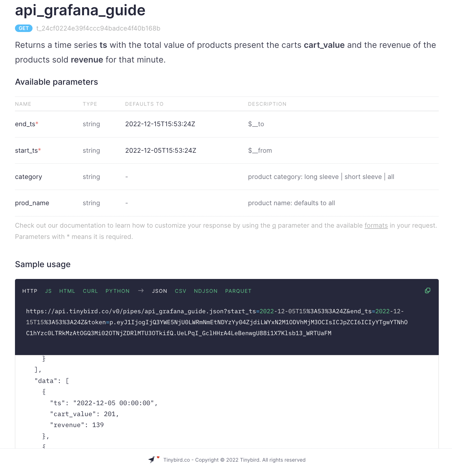 Tinybird endpoint documentation page