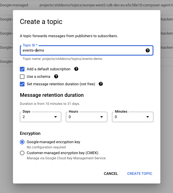 Create a topic in Google Pub/Sub