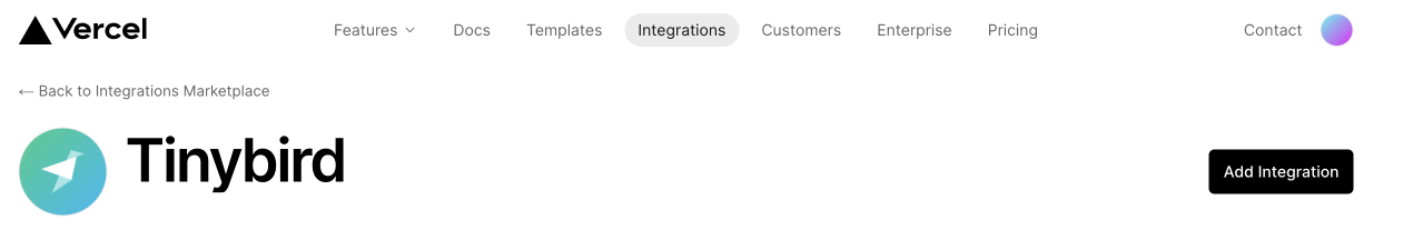 Tinybird integration landing page on Vercel