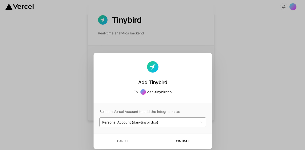 Select Vercel account for integration