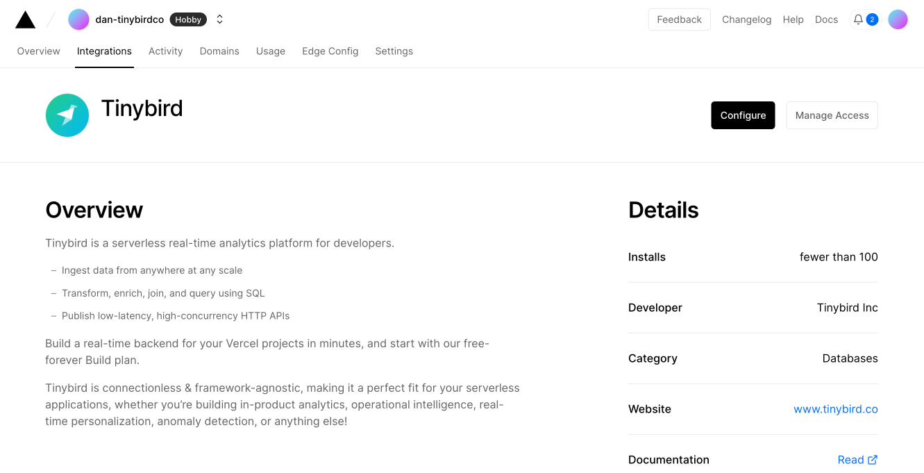 Configure a Tinybird integration within the Vercel Account