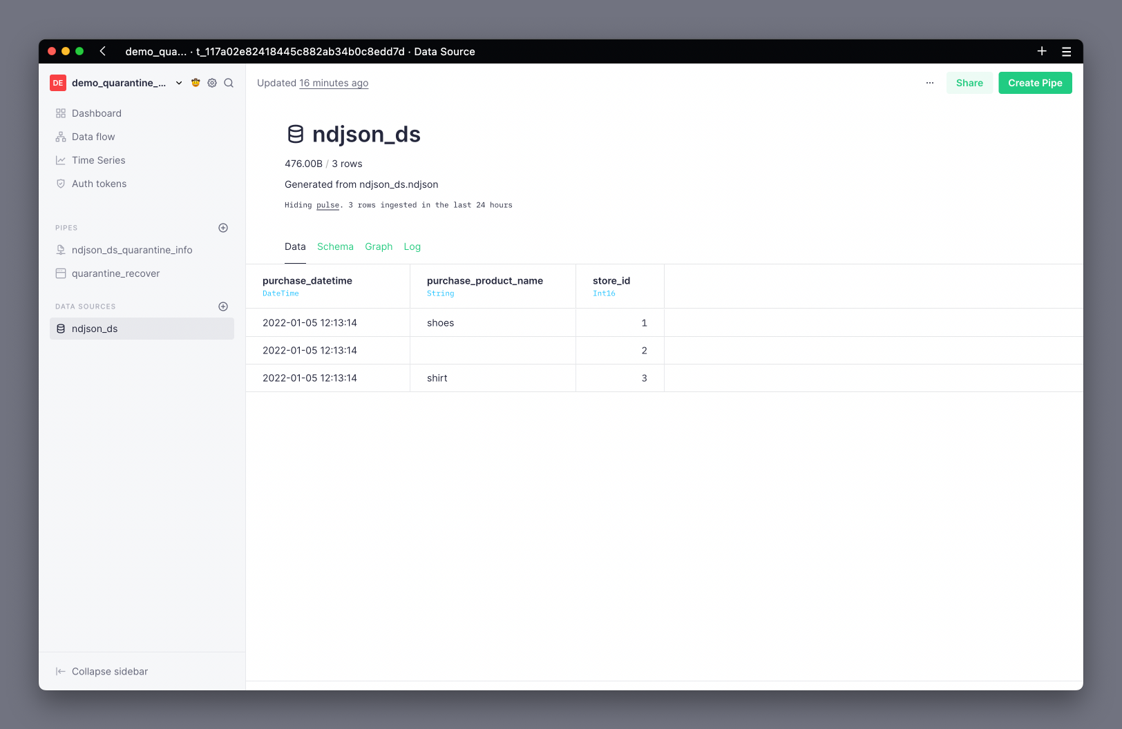 Data Source with the recovered rows and truncated quarantine