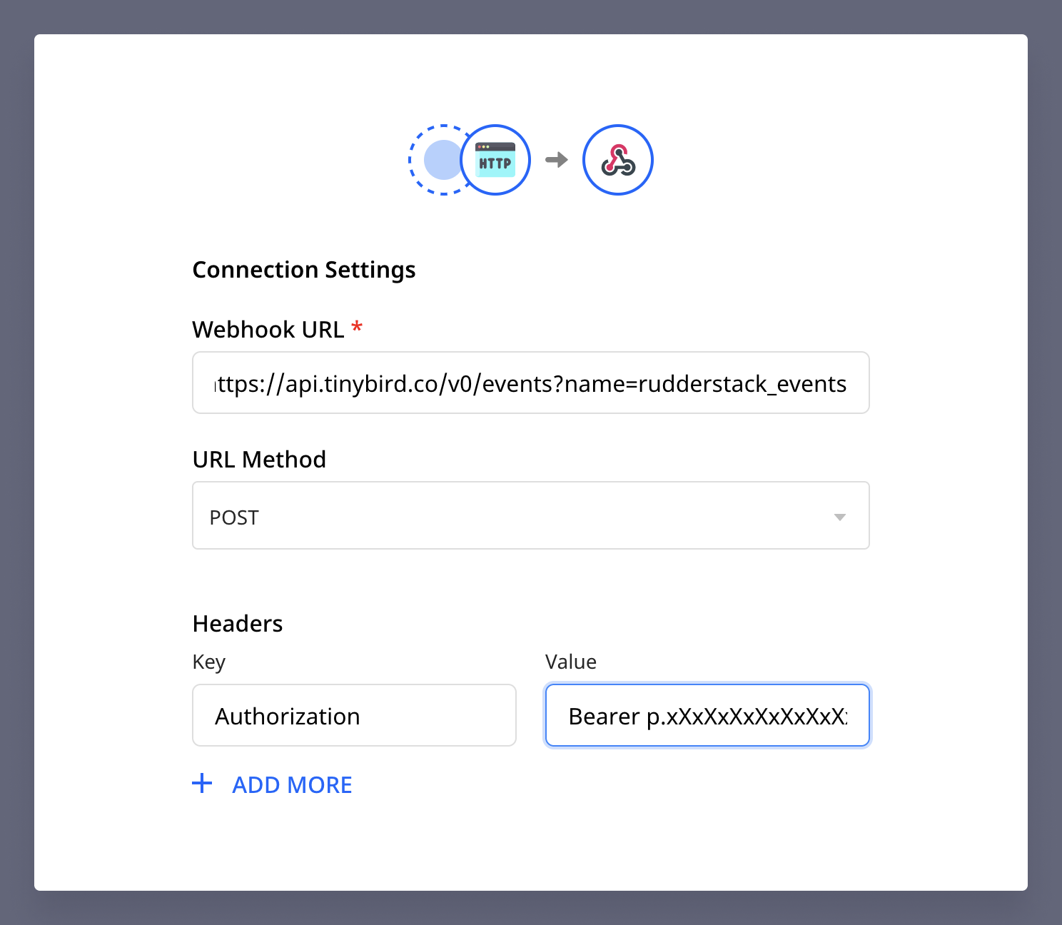 Webhook connection settings with Data Source name