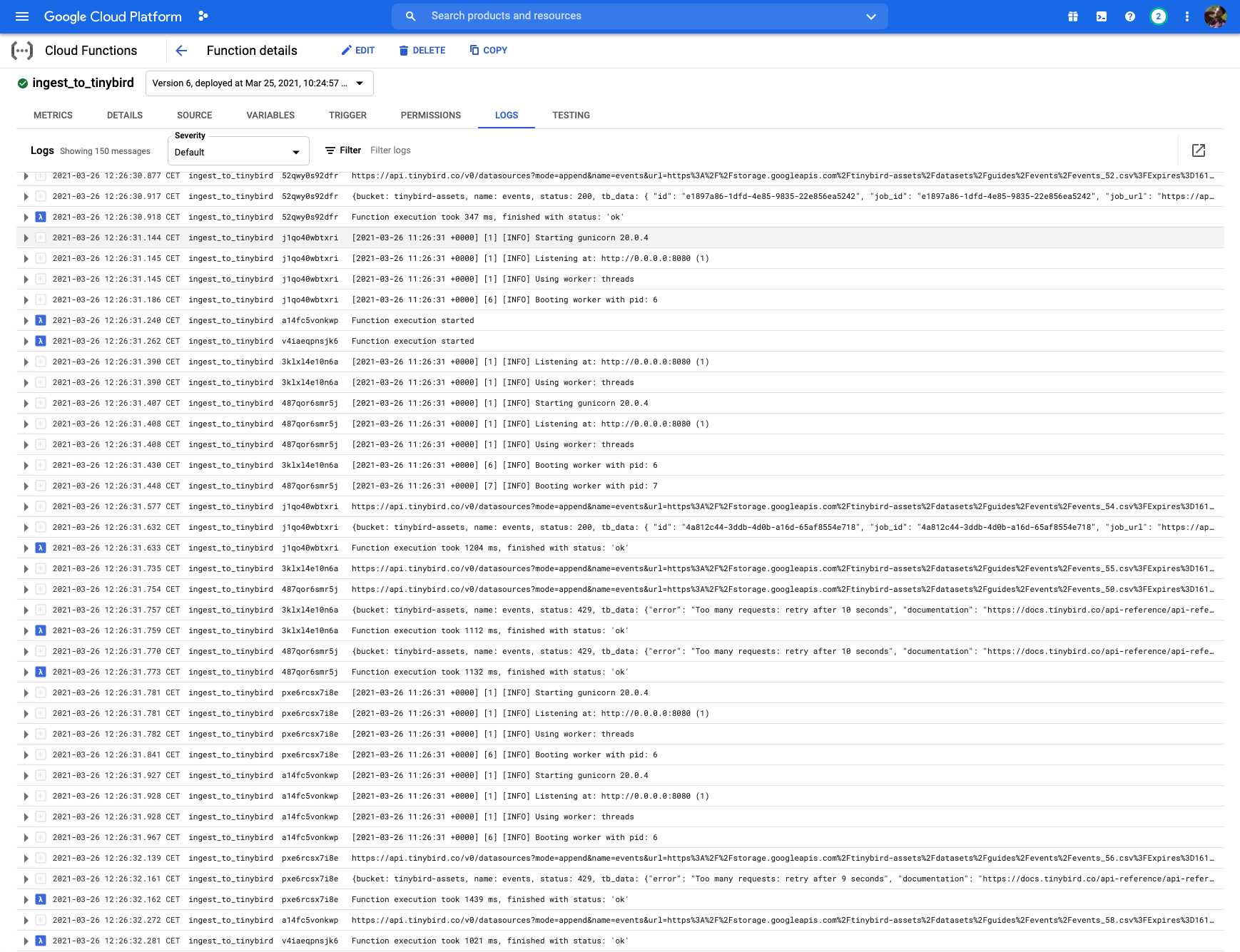 Cloud function to sync a GCS bucket to Tinybird