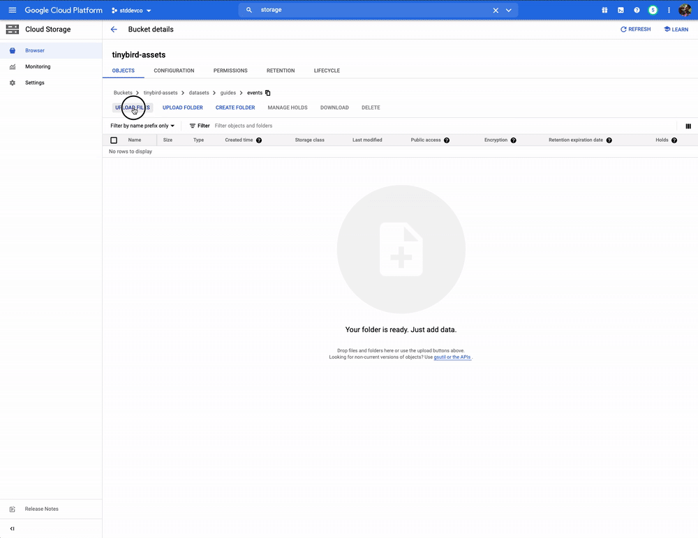 Drop files to a GCS bucket and check the datasources_ops_log